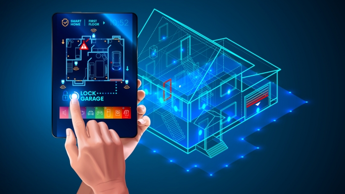 IOT. Smart home system application interface. 3d house plan x-ray. Hand touching on tablet screen. Control locks doors and windows over internet of things with tablet application. Security Home System