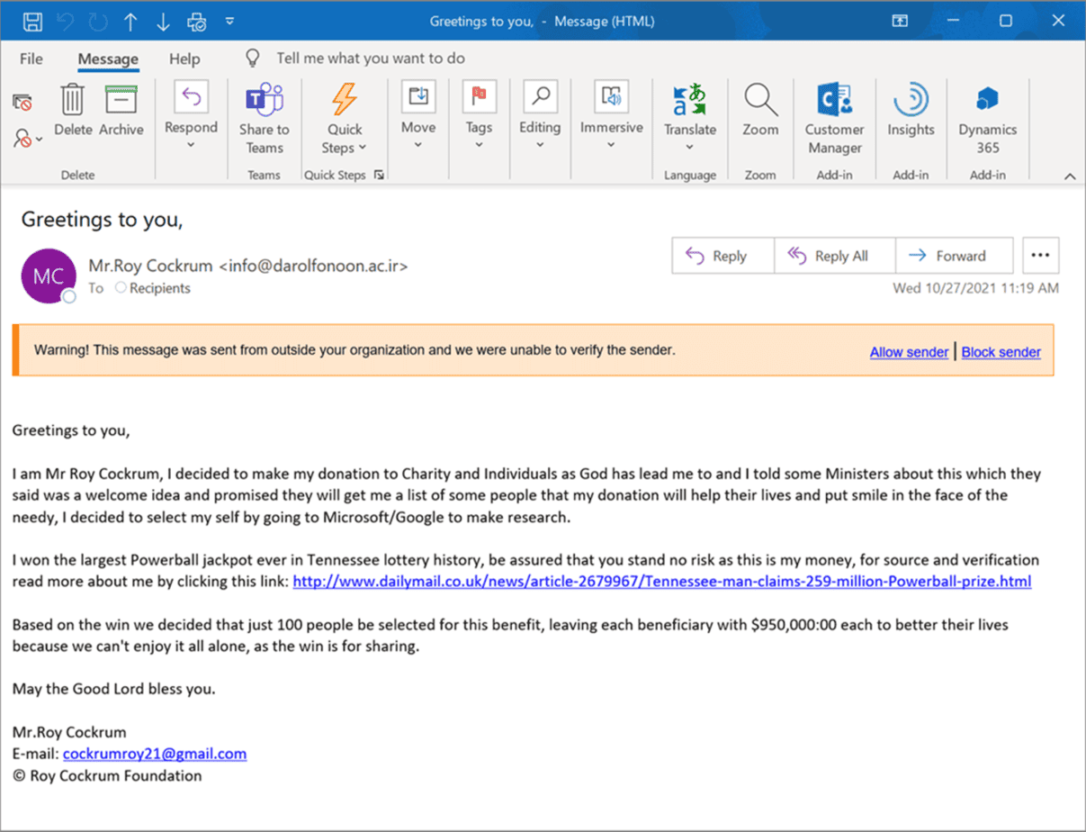 Example of phishing email