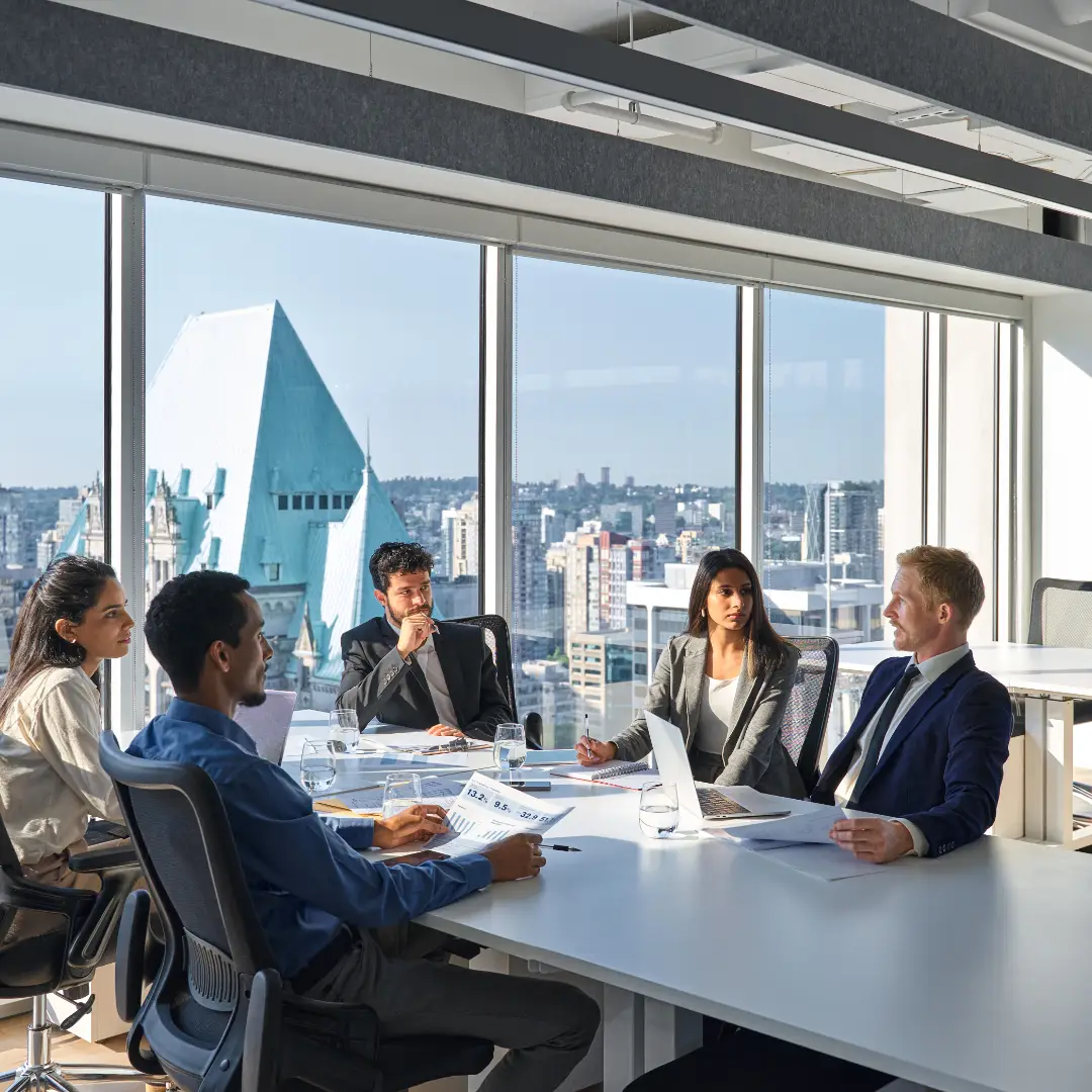 Busy board executives team people working in financial meeting room