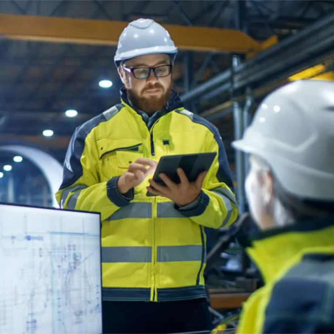 Workers in factory looking at machine models on computer monitor and tablet