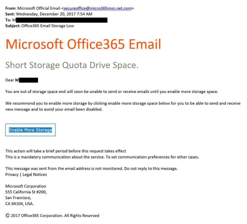 Fake Microsoft 365 Phishing email