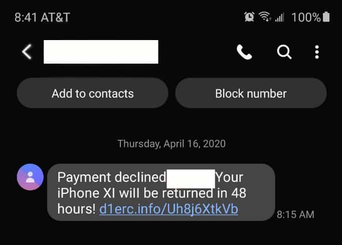 Smishing text example screenshot