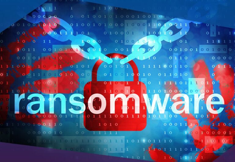 Digital concept of ransomware with a red lock, broken chain, and binary code background